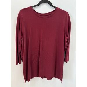 Lands End Womens Large Tall Cotton Top Burgundy 3/4 Sleeve Crew Neck Casual